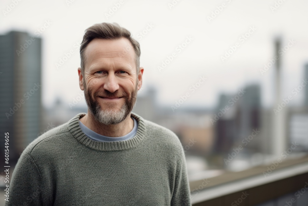 Portrait of a handsome middle-aged man in a gray sweater on the background of the city Portrait of a handsome middle-aged man in a gray sweater on the background of the city