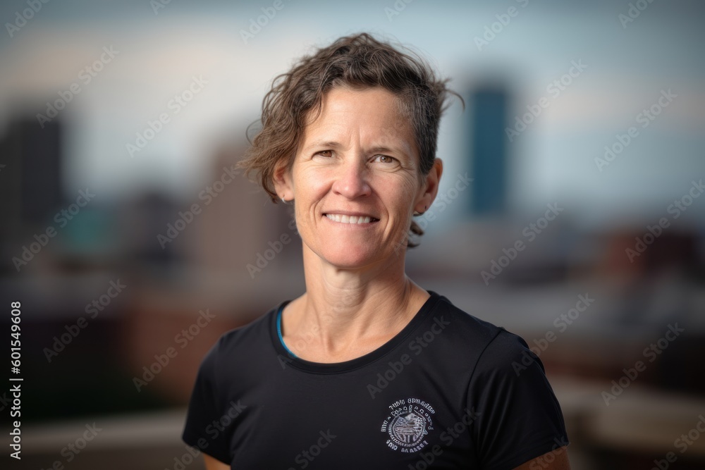 Fototapeta premium Portrait of a beautiful middle-aged woman in a black T-shirt and blue jeans smiling at the camera.