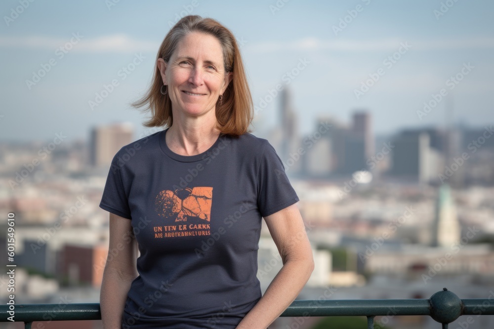 Portrait of beautiful mature woman in T-shirt with city view