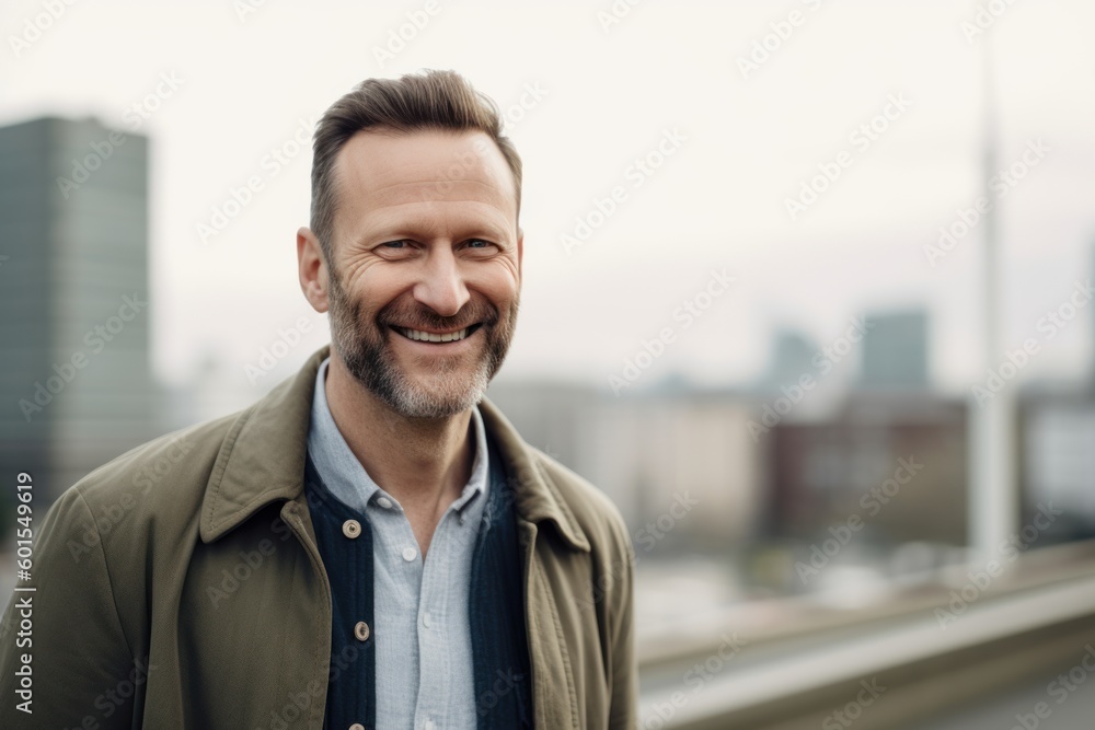 Fototapeta premium Portrait of handsome smiling man standing in the city. Business concept