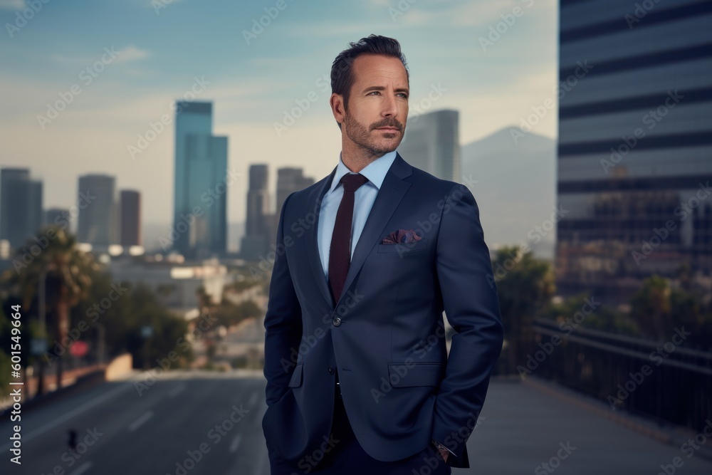 Portrait of a handsome businessman in a suit standing on the street