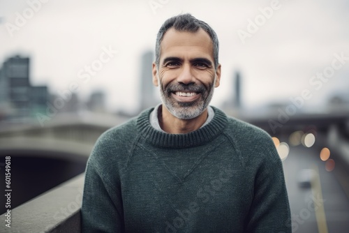 Handsome middle-aged man in casual clothes is looking at camera and smiling while standing outdoors