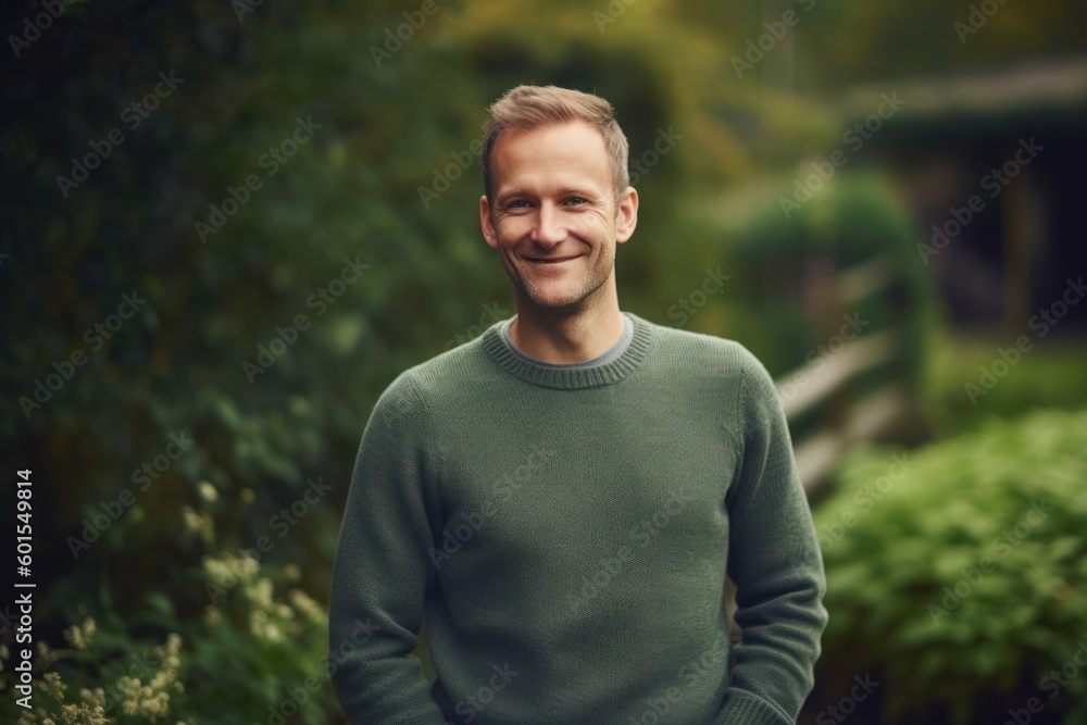 Portrait of a handsome young man in a green sweater standing in the garden. Portrait of a handsome young man in a green sweater standing in the garden.