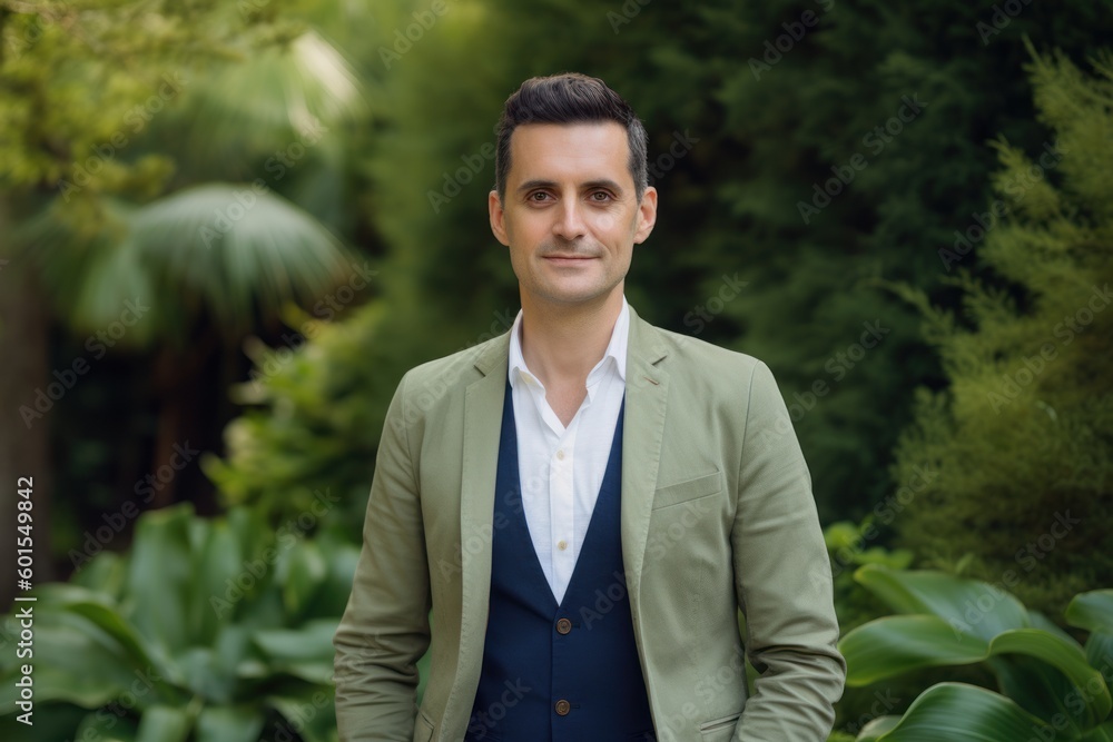 Portrait of a handsome young businessman in a green suit, smiling and looking at the camera. Portrait of a handsome young businessman in a green suit, smiling and looking at the camera.