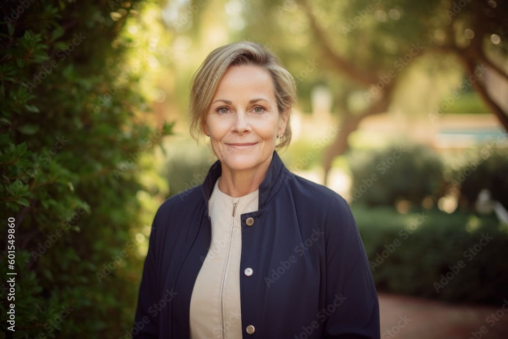 Portrait of smiling mature businesswoman standing in park at sunny day Portrait of smiling mature businesswoman standing in park at sunny day