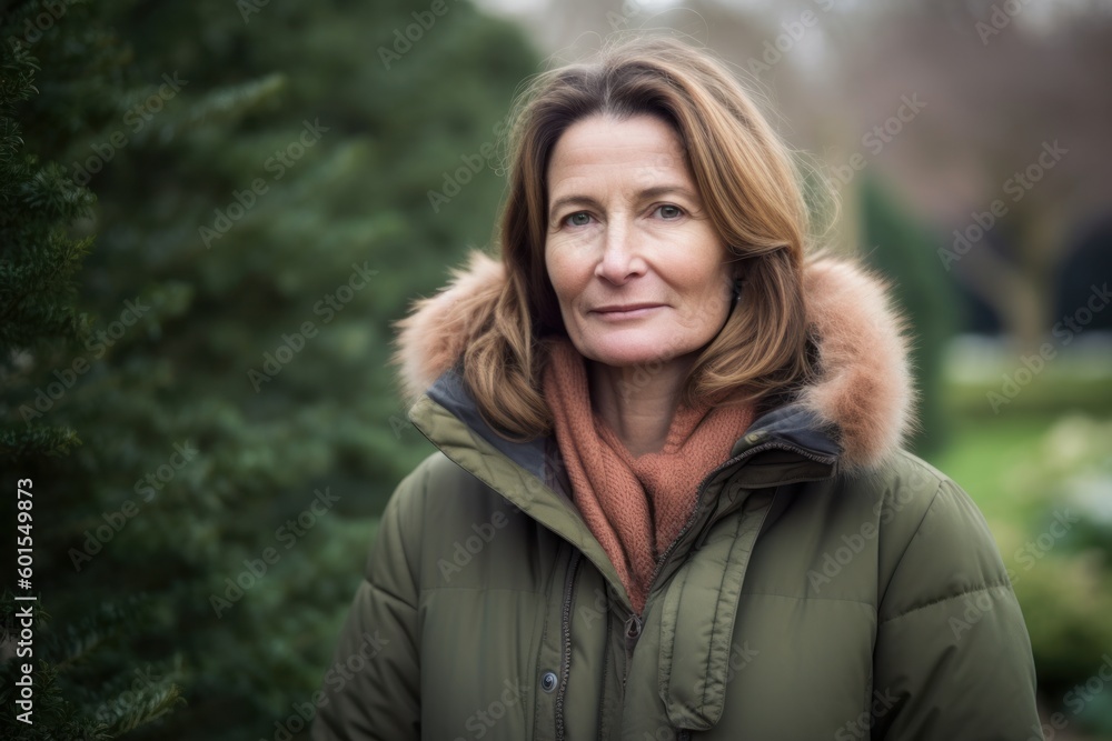 Portrait of mature woman in winter jacket on a background of trees