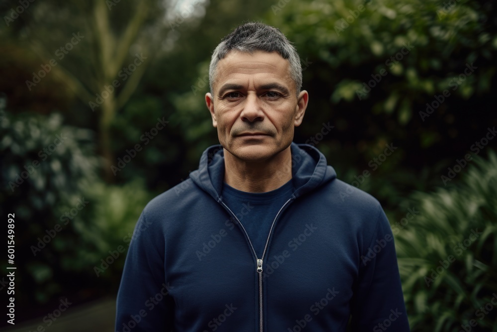 Portrait of a middle-aged man in a blue hoodie in the park Portrait of a middle-aged man in a blue hoodie in the park