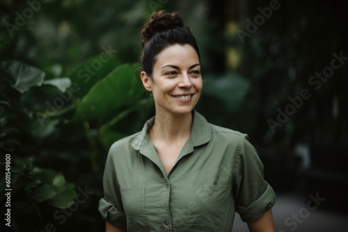 Portrait of a beautiful young woman in a green shirt smiling and looking at the camera