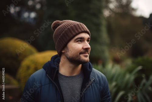 Portrait of a young man in a knitted hat in the garden
