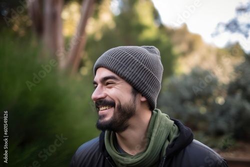 Portrait of a handsome young man with hat and scarf in the park