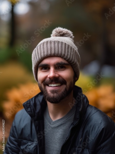 Portrait of a handsome young man with a beard in a hat and jacket in the autumn park
