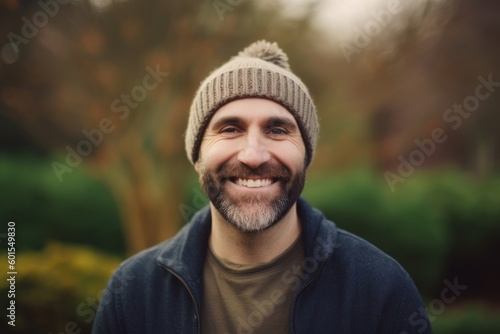 Portrait of a smiling bearded man in a knitted hat and blue sweater