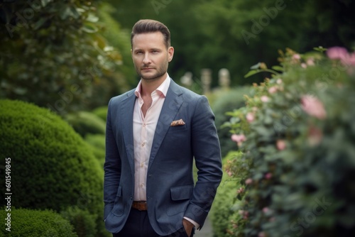 Handsome elegant man posing in the garden. Men's beauty, fashion.