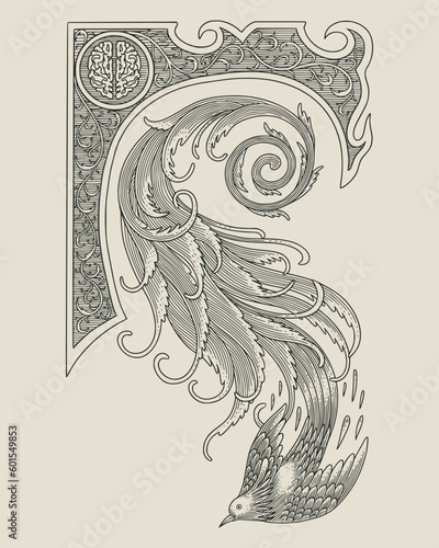 Bird with floral ornament and frame. vintage engraving drawing style illustration
