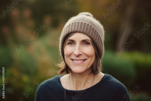 Portrait of a smiling woman in a knitted hat in autumn park
