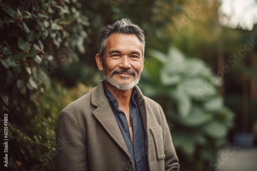 Portrait of senior Asian man wearing coat and looking at camera in the park