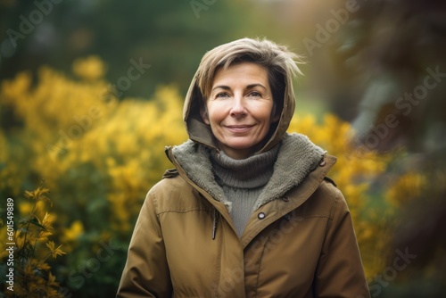 Portrait of smiling middle-aged woman in yellow coat on background of yellow flowers