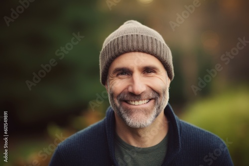 Portrait of a smiling man in a knitted hat outdoors.