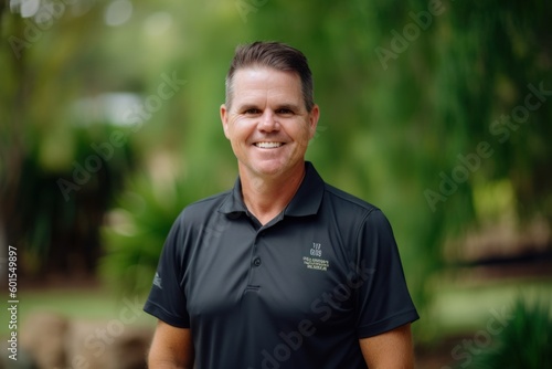 Group portrait photography of a grinning man in his 40s wearing a sporty polo shirt against a garden or botanical background. Generative AI