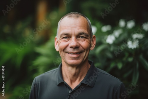 Portrait of smiling senior man standing in garden on a sunny day