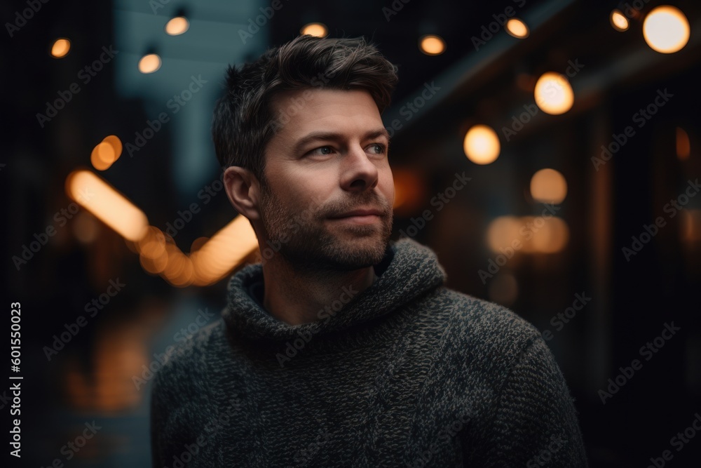 Portrait of a handsome man in a gray sweater in the city at night Portrait of a handsome man in a gray sweater in the city at night
