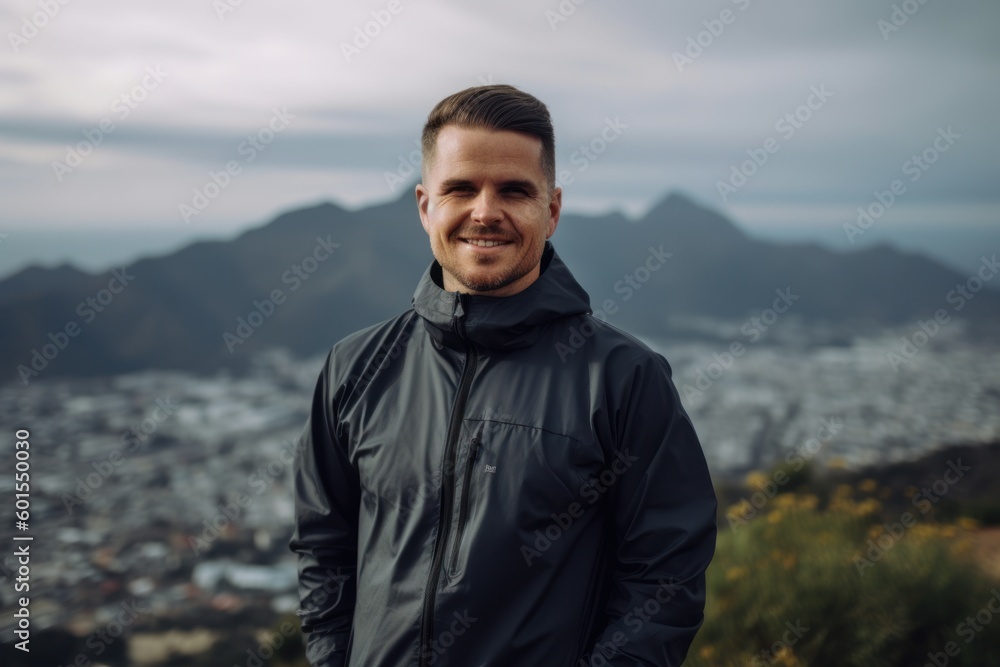 Medium shot portrait photography of a satisfied man in his 30s wearing a comfortable tracksuit against an aerial view background. Generative AI Medium shot portrait photography of a satisfied man in his 30s wearing a comfortable tracksuit against an aerial view background. Generative AI