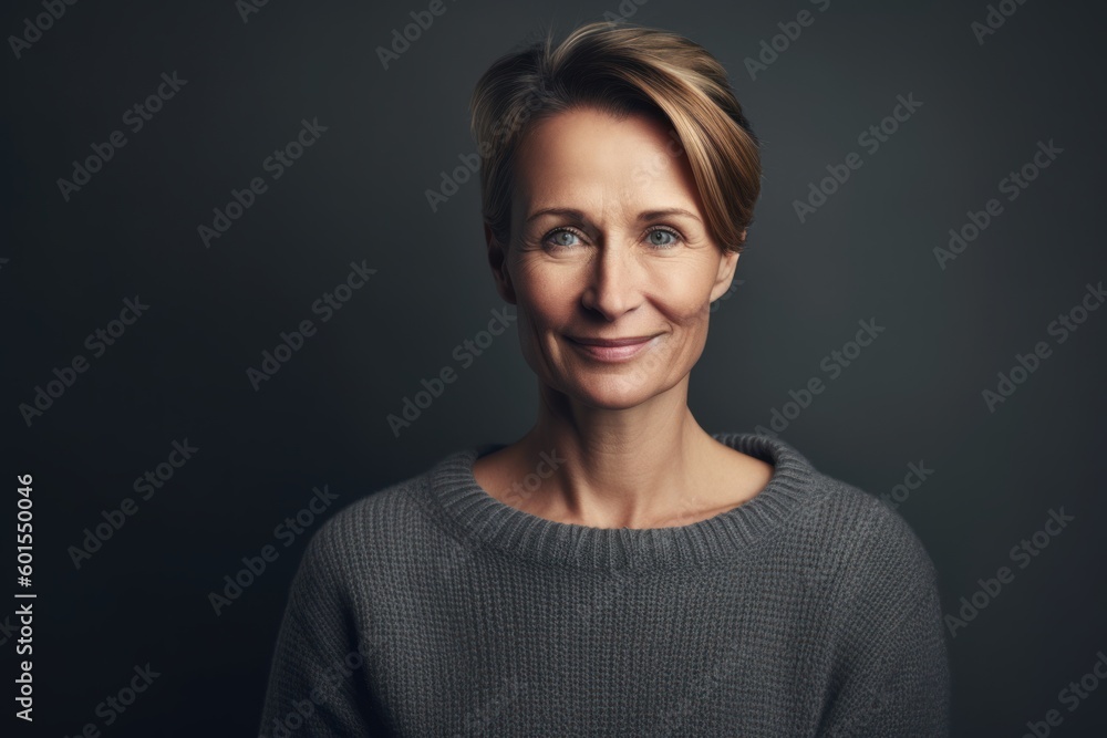 Portrait of a beautiful middle-aged woman in a gray sweater Portrait of a beautiful middle-aged woman in a gray sweater