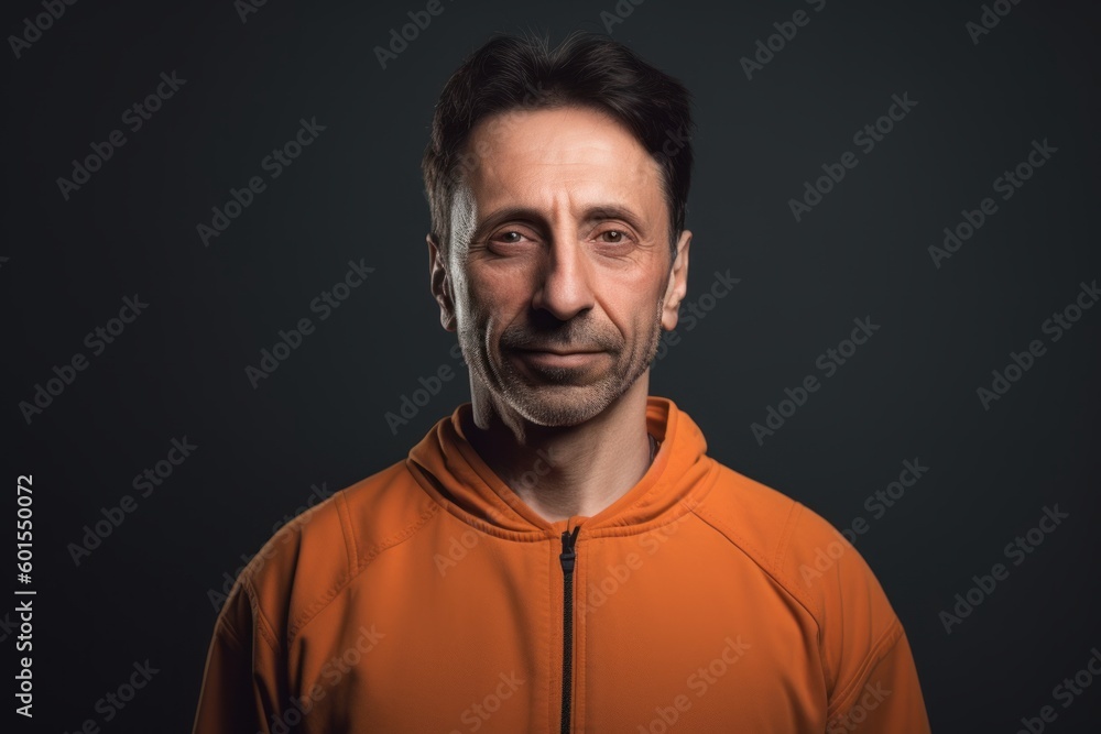Obraz premium Portrait of a man in an orange hoodie on a dark background