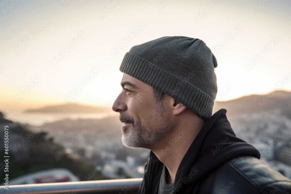 Portrait of a man in a hat and jacket looking at the city Portrait of a man in a hat and jacket looking at the city