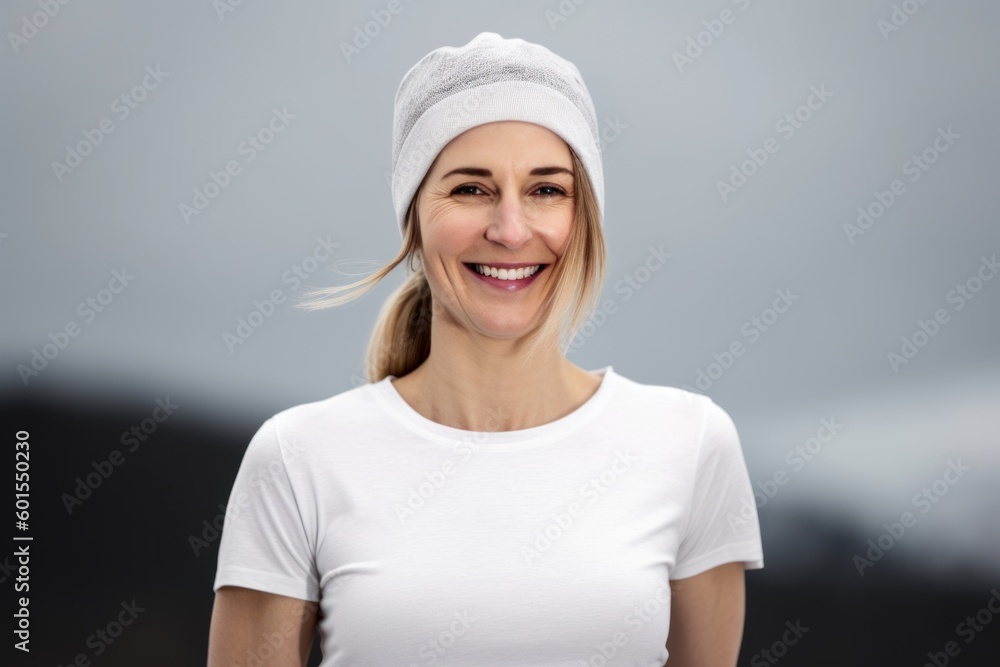 Portrait of smiling woman wearing white t-shirt and hat standing outdoors Portrait of smiling woman wearing white t-shirt and hat standing outdoors