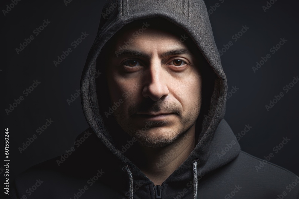 Portrait of a man in a black hoodie on a dark background Portrait of a man in a black hoodie on a dark background