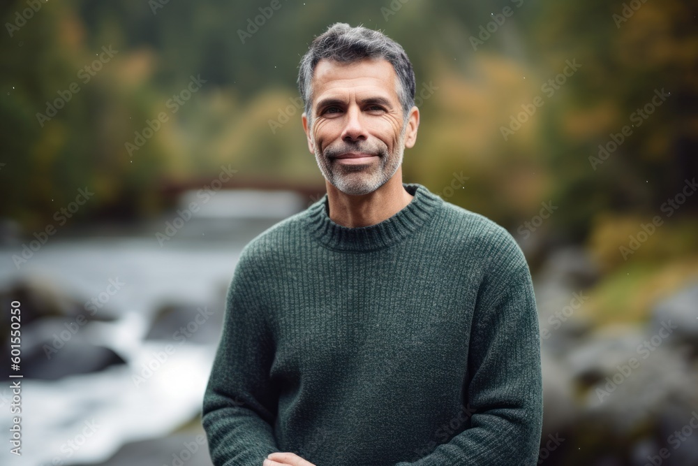 Portrait of a handsome middle-aged man in a sweater on the background of a mountain river. Portrait of a handsome middle-aged man in a sweater on the background of a mountain river.