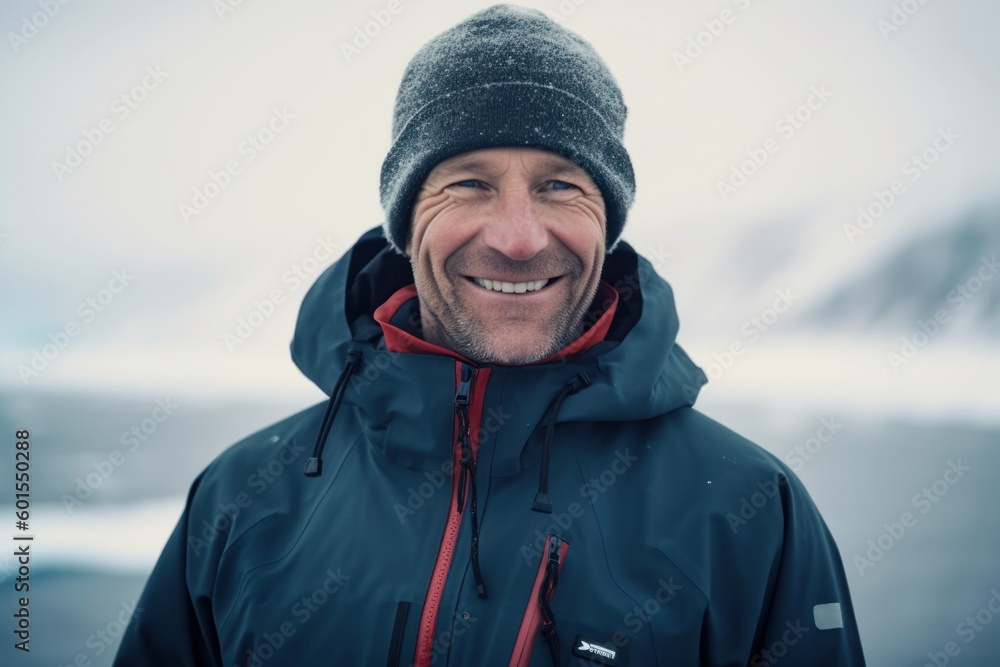 Portrait of a smiling senior man standing in winter clothes in a frozen lake Portrait of a smiling senior man standing in winter clothes in a frozen lake