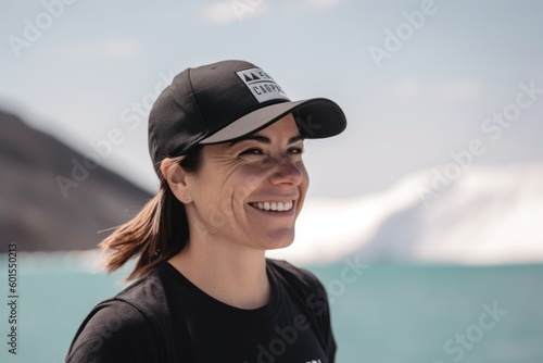 Portrait of a beautiful smiling woman in black cap and t-shirt on the background of the sea © Eber Braun