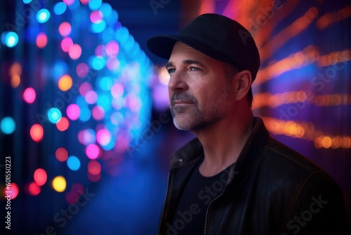 Lifestyle portrait photography of a satisfied man in his 40s wearing a cool cap or hat against neon lights background. Generative AI