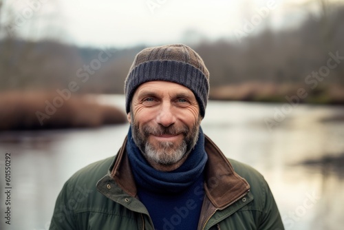 Portrait of a happy senior man standing by the river in winter