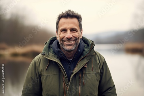 Portrait of a smiling middle-aged man standing by the lake