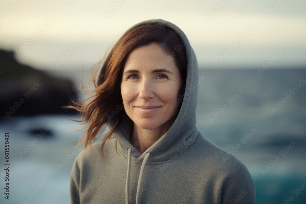 Portrait of a beautiful middle-aged woman in a hood on the beach Portrait of a beautiful middle-aged woman in a hood on the beach