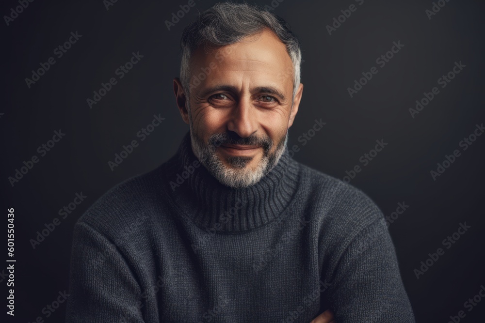 Portrait of a handsome middle-aged man in a gray sweater on a dark background