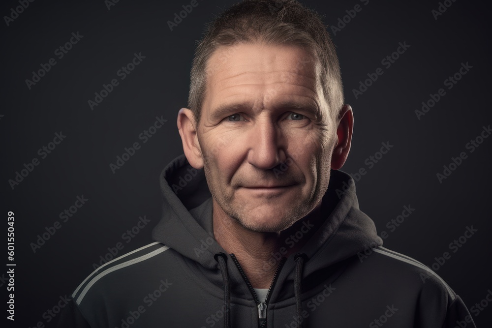 Portrait of a handsome mature man in sportswear on a dark background.