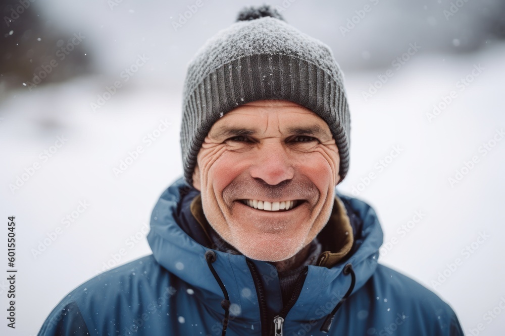 Fototapeta premium Portrait of happy senior man in winter jacket and hat looking at camera