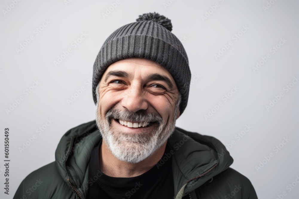 Portrait of a smiling senior man wearing a winter hat and jacket Portrait of a smiling senior man wearing a winter hat and jacket