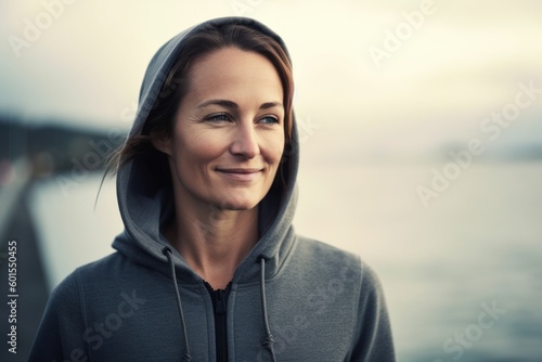 Portrait of a smiling woman wearing hoodie on the beach.