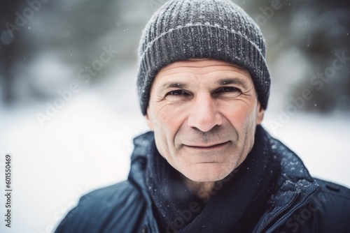 Portrait of a senior man in winter clothes. Outdoors.