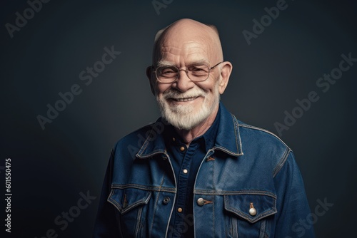 Portrait of a smiling senior man in jeans jacket and glasses.
