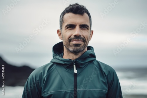 Portrait of a handsome bearded man in a green jacket standing on the beach