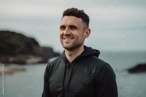 Portrait of a handsome young man in black sportswear smiling at camera while standing by the sea