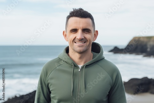 Portrait of handsome man smiling at camera while standing on seashore