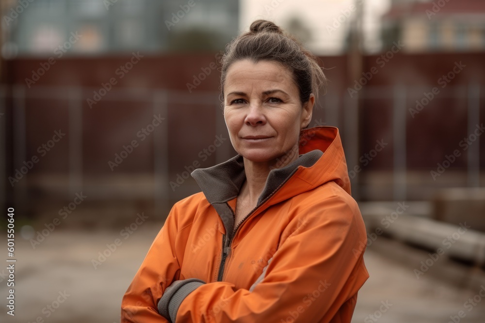 Portrait of a middle-aged woman in an orange jacket.