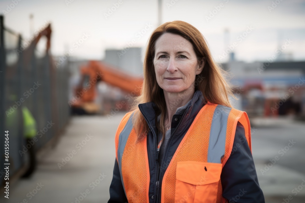 Portrait of mature female construction worker standing in front of crane. Portrait of mature female construction worker standing in front of crane.